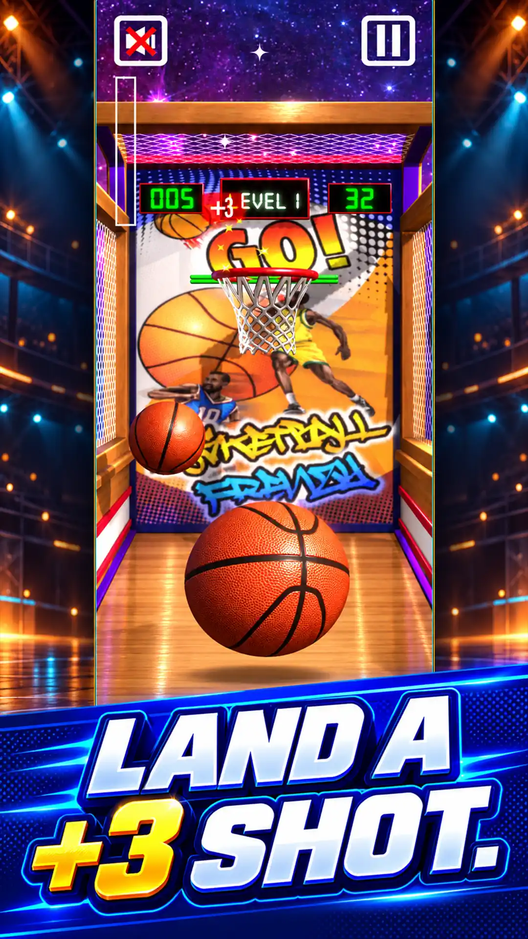 Land a +3 shot. Basketball arcade gameplay with a three-point basket.