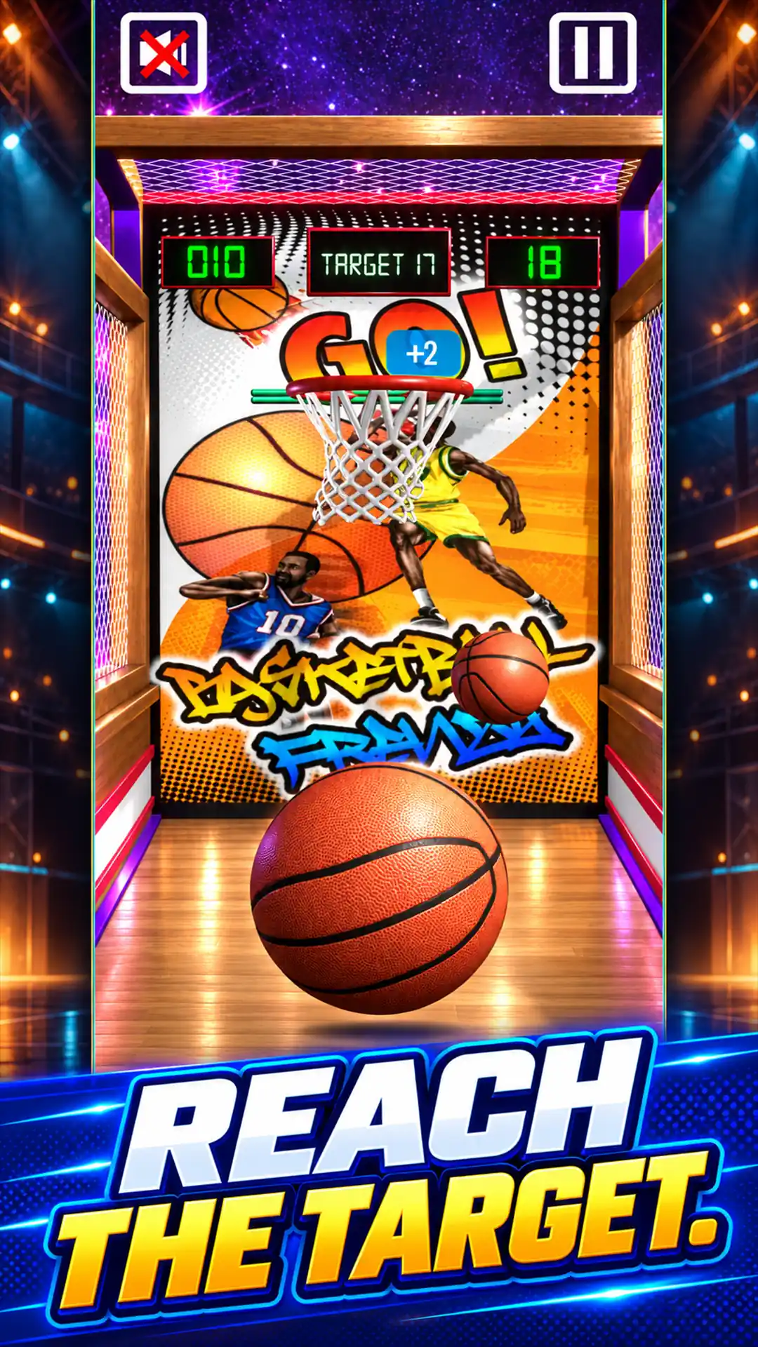 Reach the target. Basketball arcade gameplay with a target score.