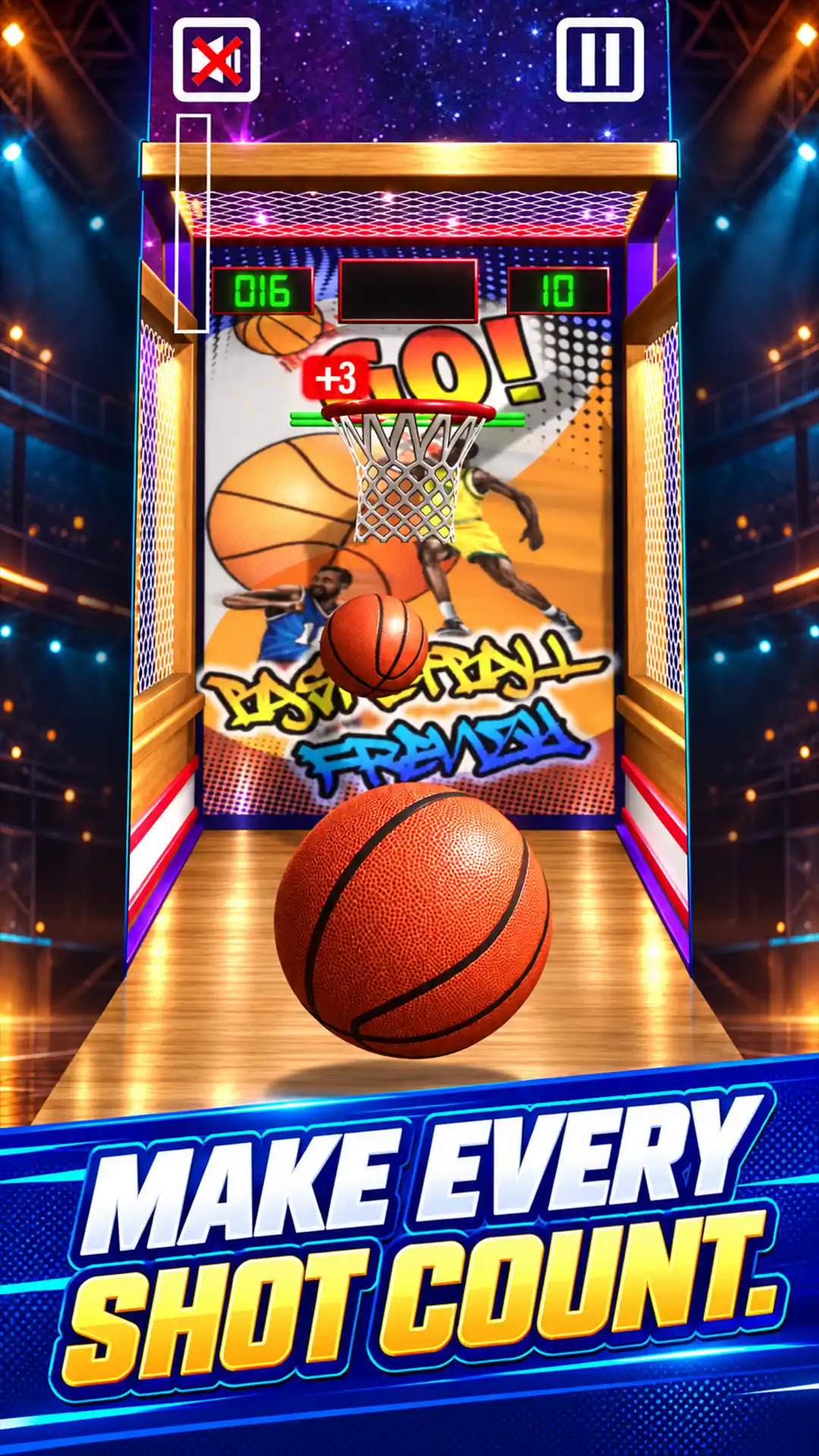 Make every shot count. Basketball arcade gameplay with a scoring shot.