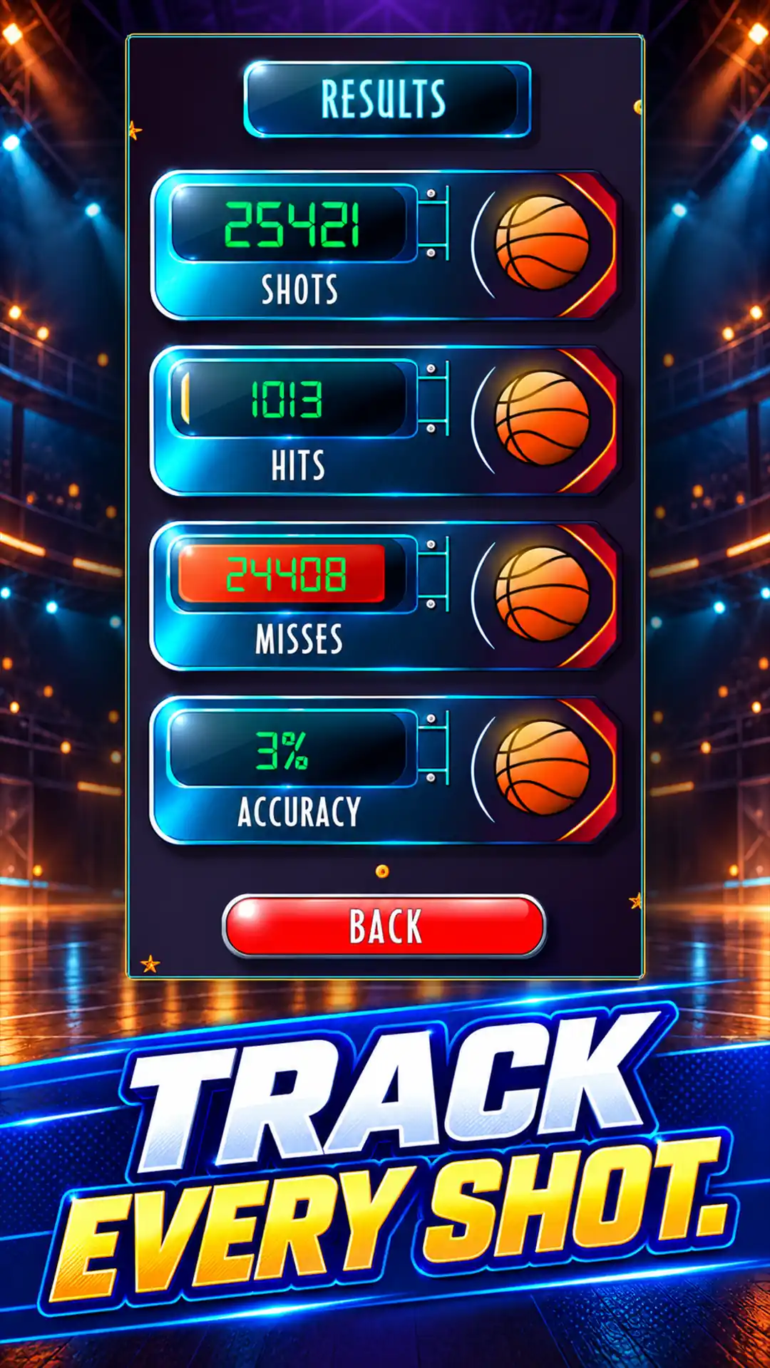 Track every shot. Basketball Frenzy results with shots, hits, misses and accuracy.