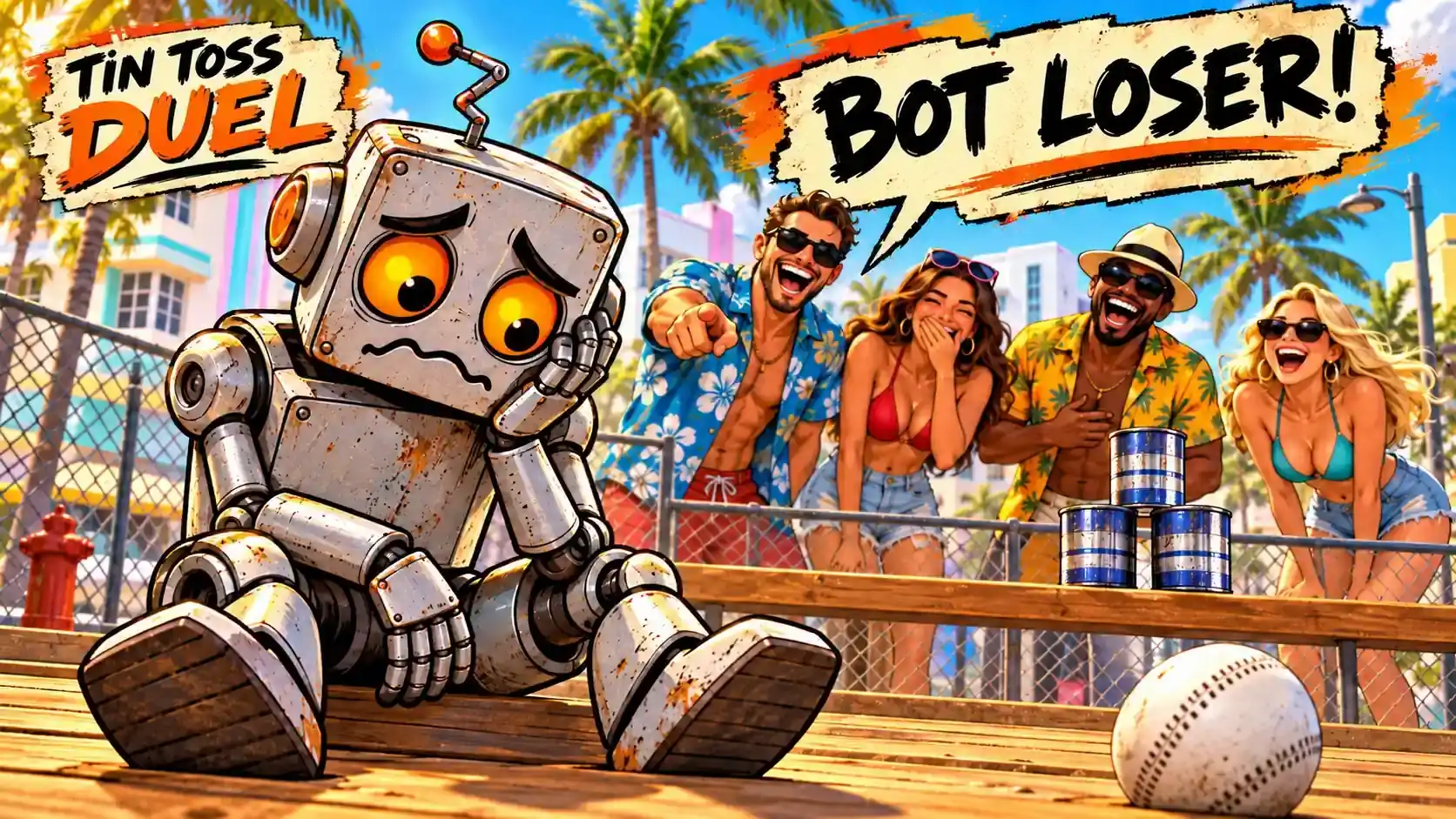 Tin Toss Duel promotional artwork: a robot rival, cheering spectators and a stack of tin cans on a sunny court.