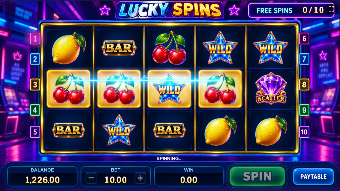 Lucky Spins winning cherry combination with a highlighted payline