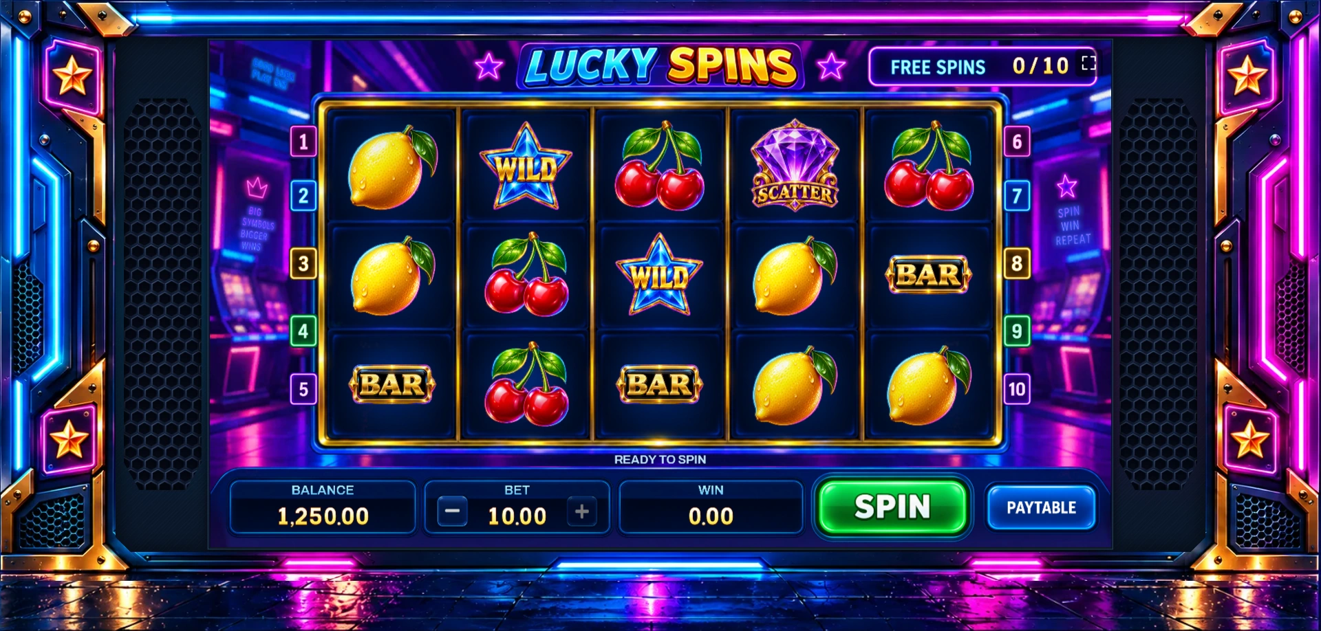 Lucky Spins game inside its neon cabinet frame