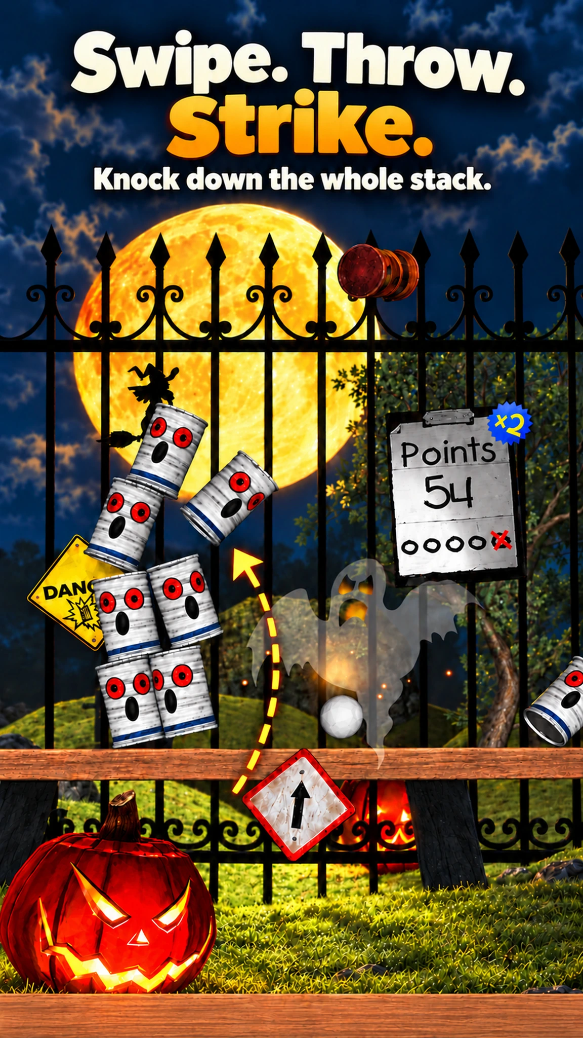 Swipe. Throw. Strike. Falling ghost cans, throw-direction arrow and Points 54 under a swipe-to-throw heading.