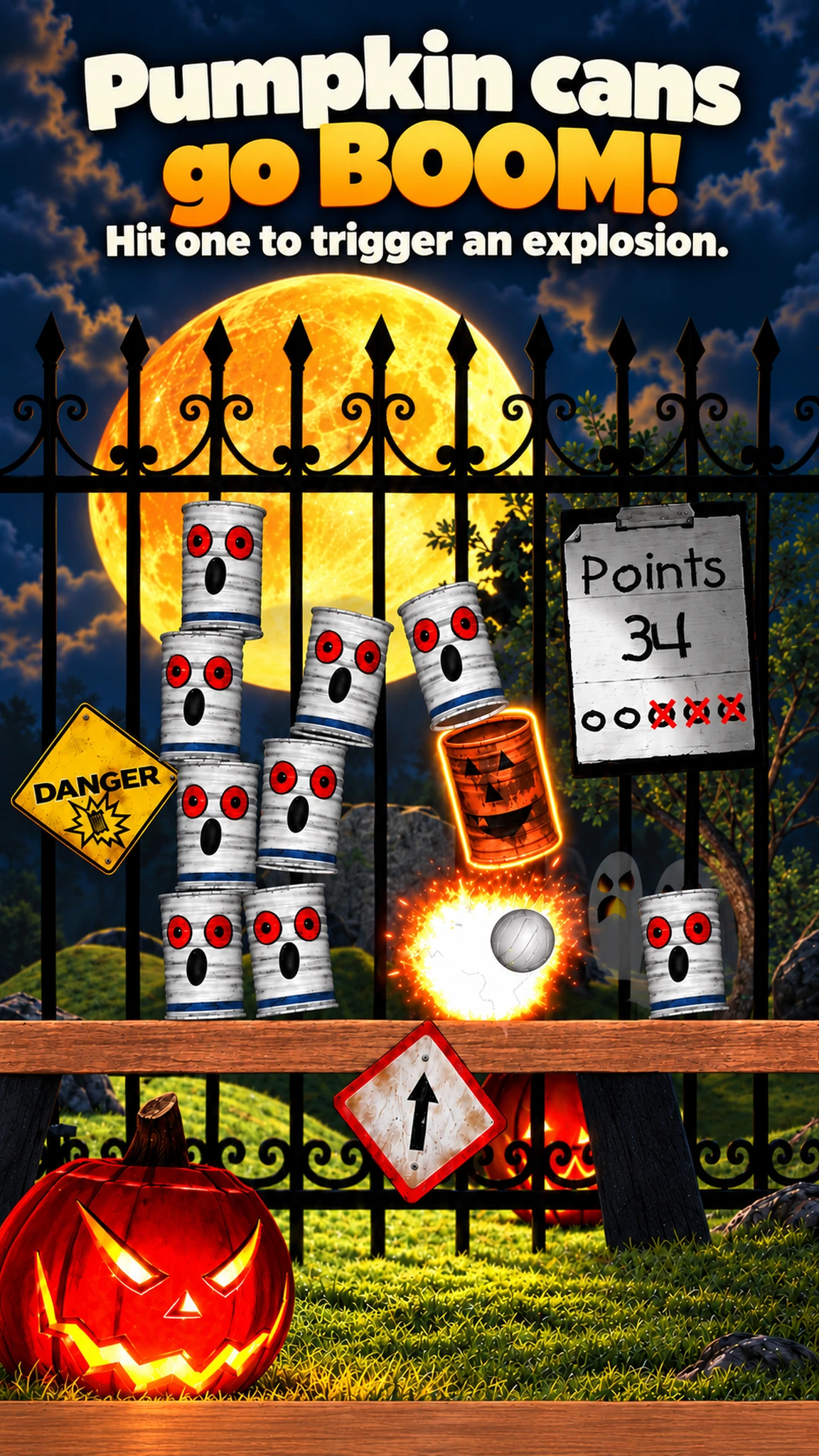 Pumpkin cans go BOOM! An orange pumpkin can highlighted above a fiery impact illustrates its explosive effect.