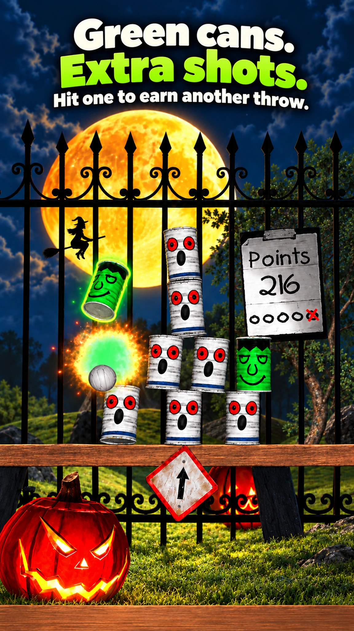 Green cans. Extra shots. A highlighted green special can and green ball effect explain the extra-shot reward.