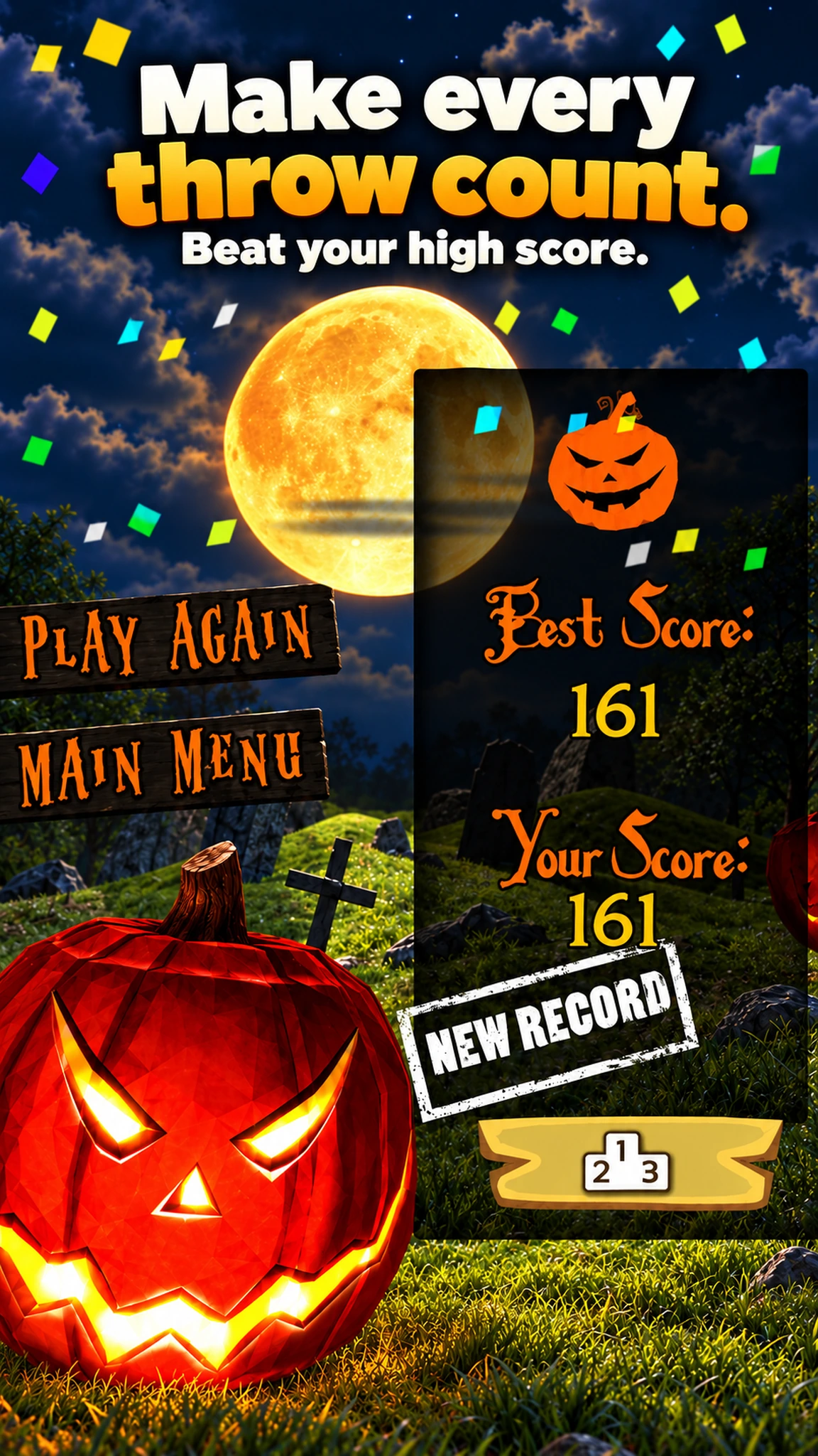 Make every throw count. Confetti and the score screen with 161 and New Record encourage improving the personal high score.