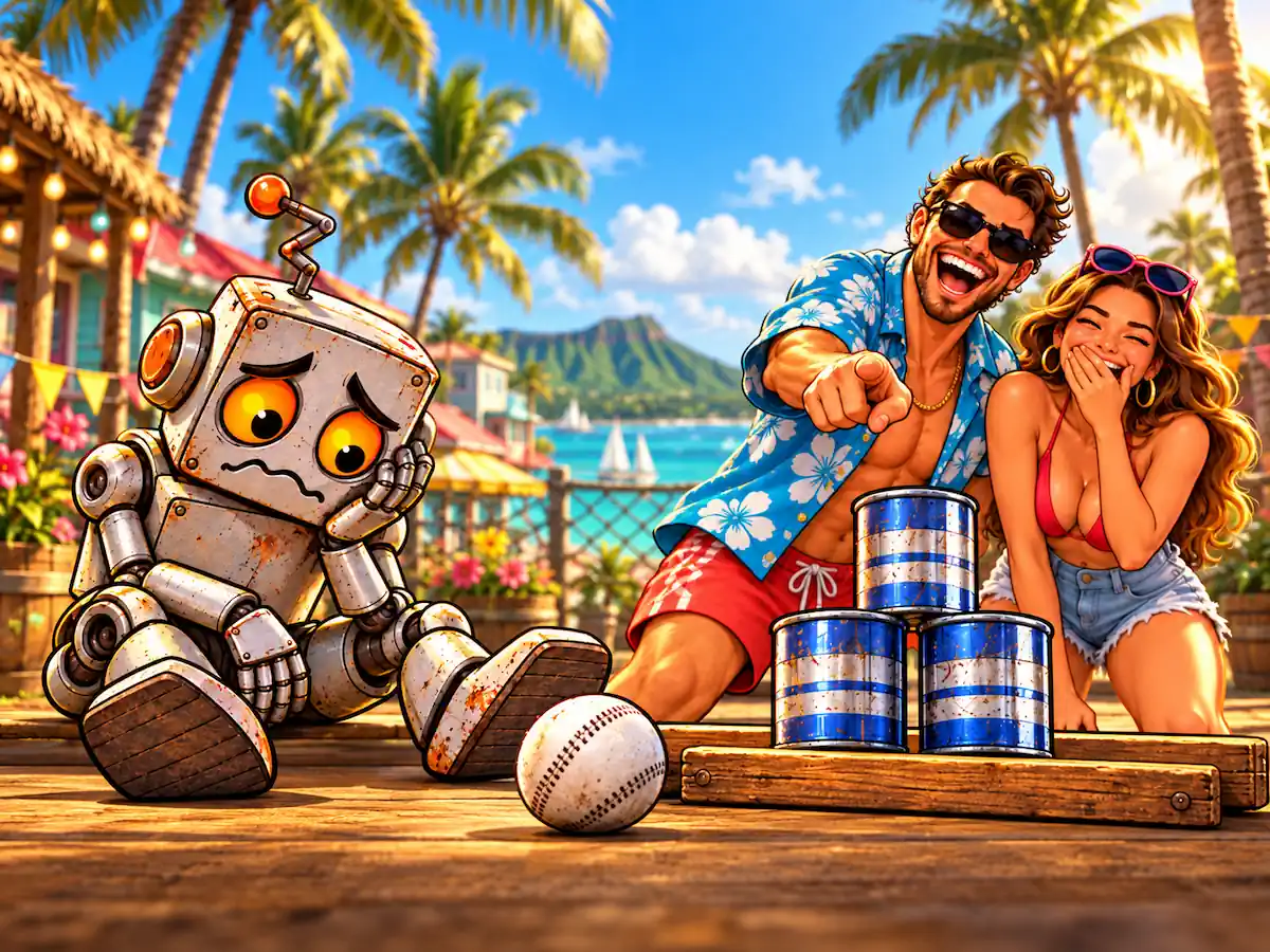 Tin Toss Duel: a robot rival and laughing spectators beside a stack of tin cans.